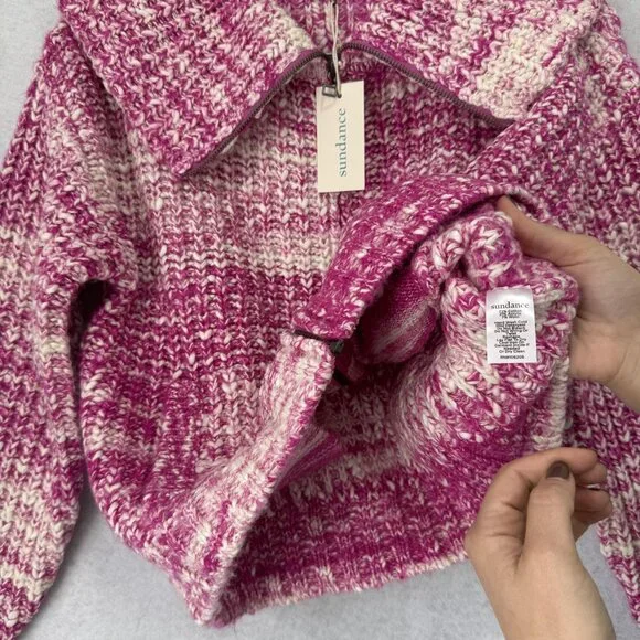 Sundance Sweater Womens Small Pink White Zip Front Collared Chunky Knit Pockets - Picture 4 of 8